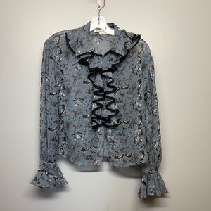 Silvian Heach Ruffle Blouse Blue Floral Victorian Lace Trim Boho Romantic Top S